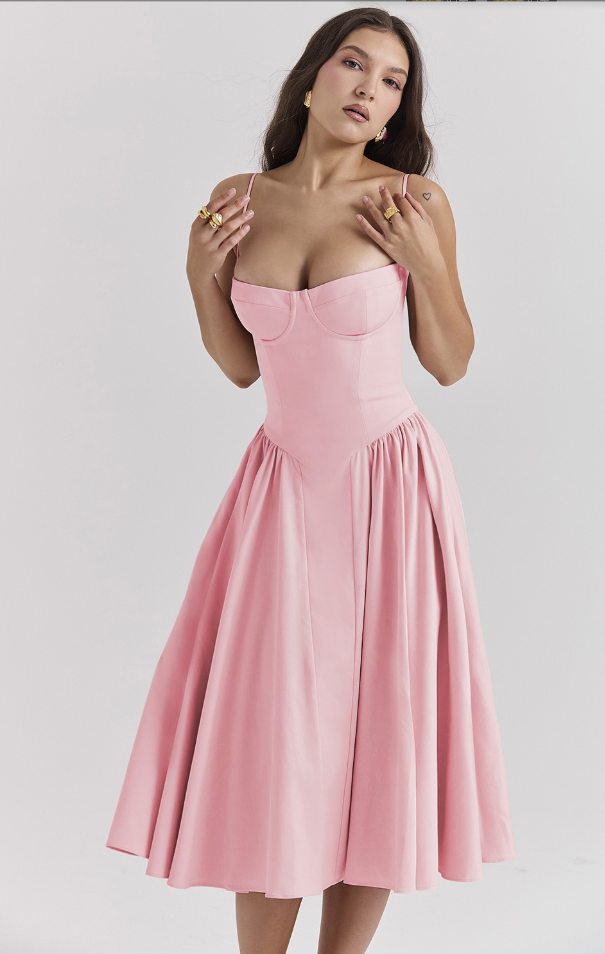 Midi Kleid Damen | Korsagen-Design & Schwingender Rock