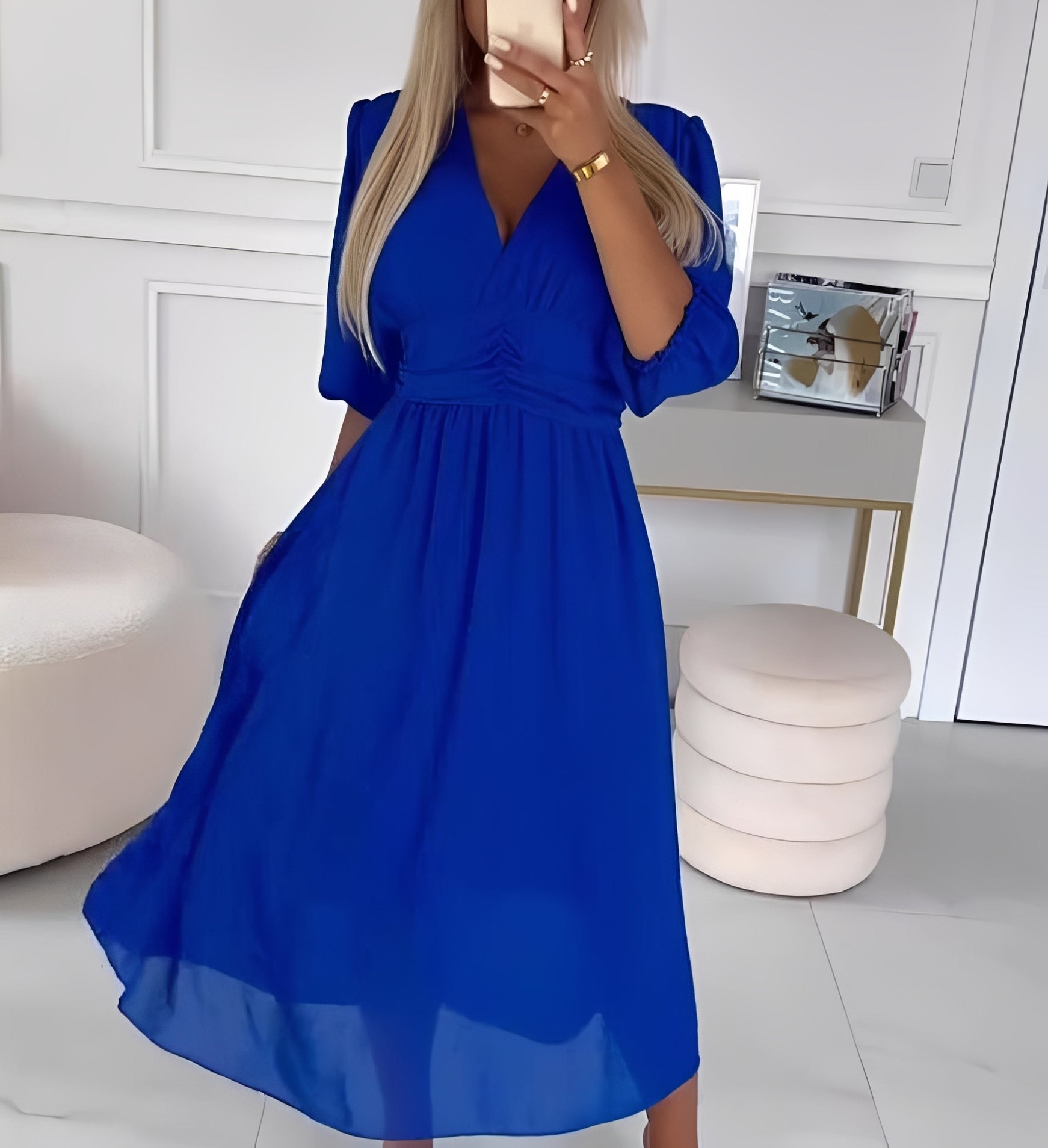 Midi Kleid Damen | V-Ausschnitt & Geraffter Taille mit Chiffon-Rock