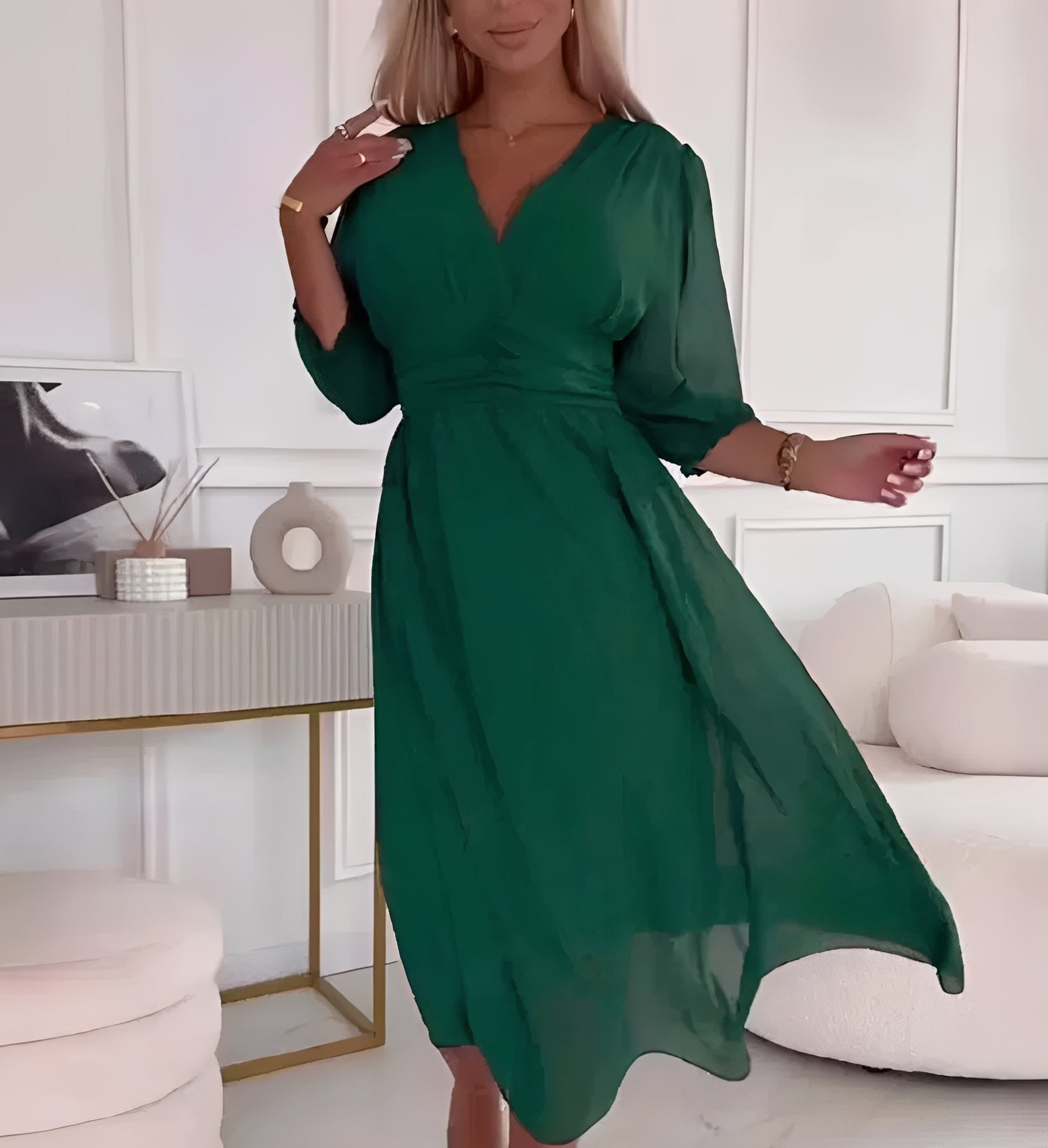 Midi Kleid Damen | V-Ausschnitt & Geraffter Taille mit Chiffon-Rock