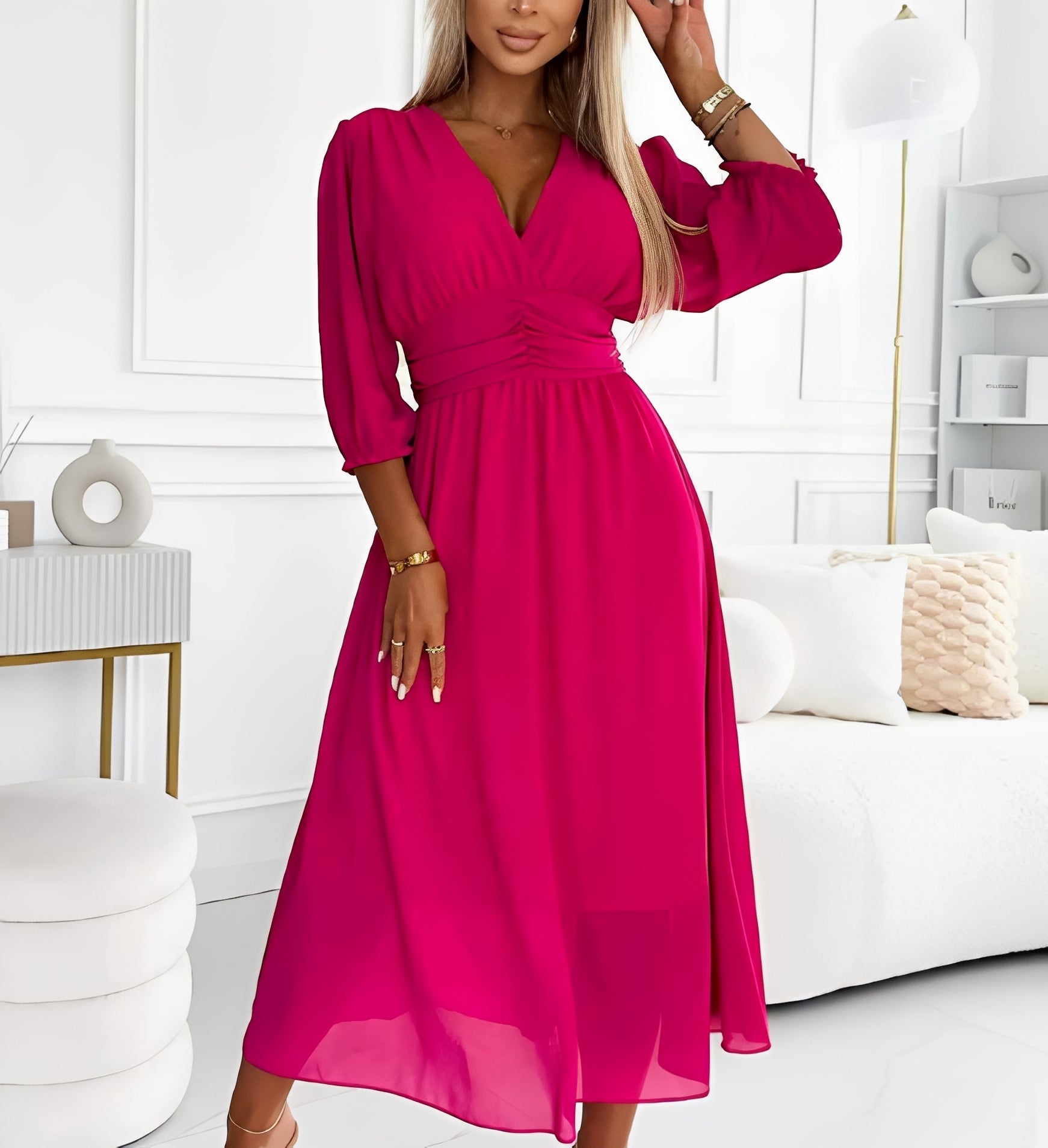 Midi Kleid Damen | V-Ausschnitt & Geraffter Taille mit Chiffon-Rock