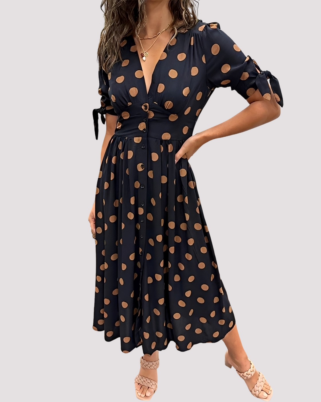 Midi Kleid Damen mit Punktmuster | Tiefer V-Ausschnitt & A-Linie