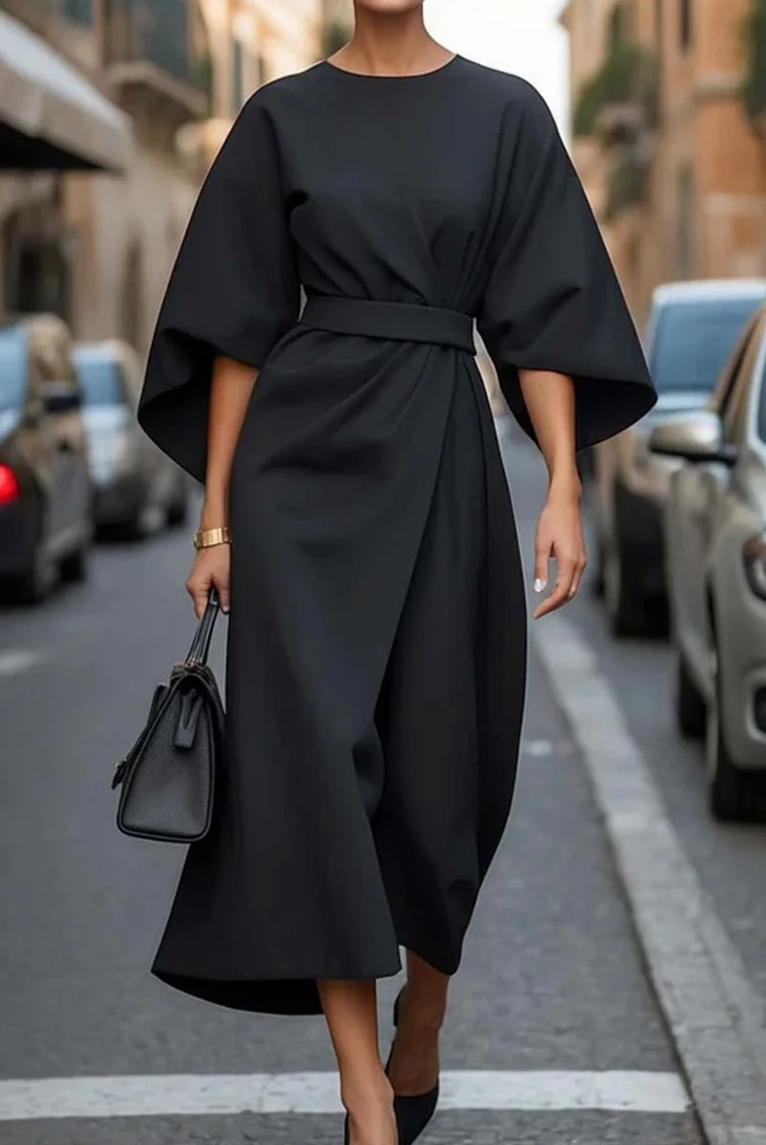 Midikleid Damen | Elegant mit Laternenärmeln & Taillengürtel