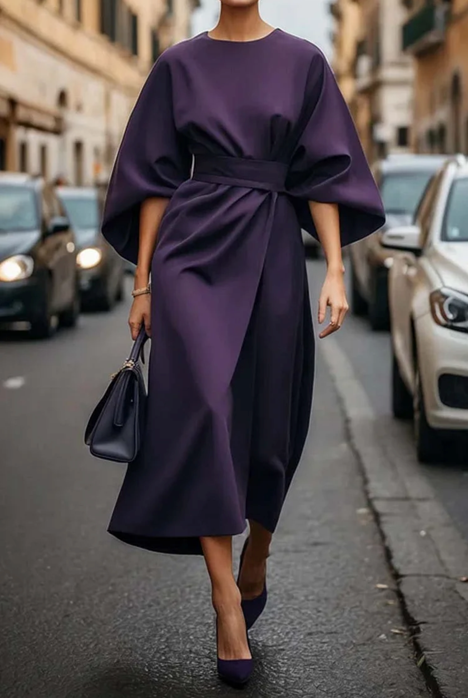 Midikleid Damen | Elegant mit Laternenärmeln & Taillengürtel
