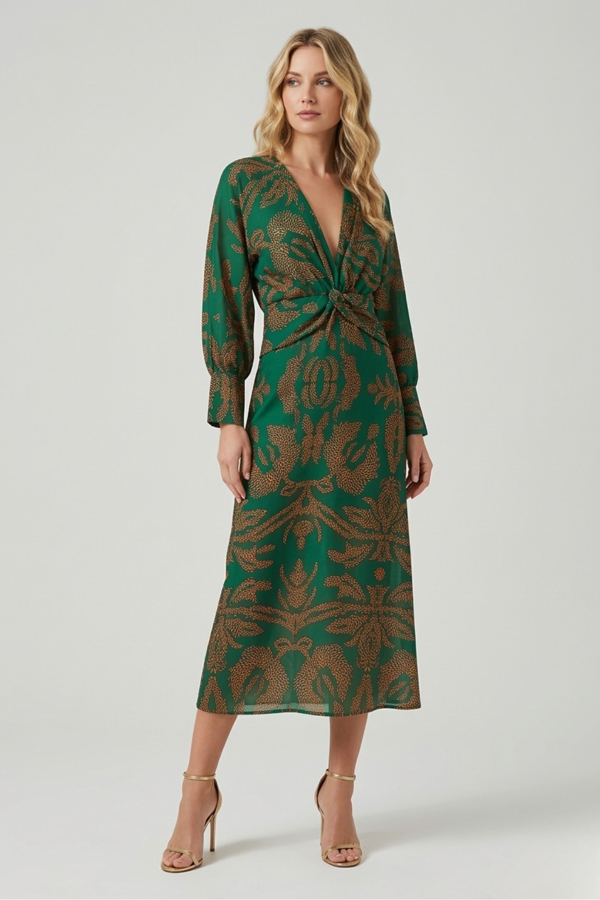 Midikleid Damen | Elegantes Langarm-Kleid mit Twist-Detail & Muster
