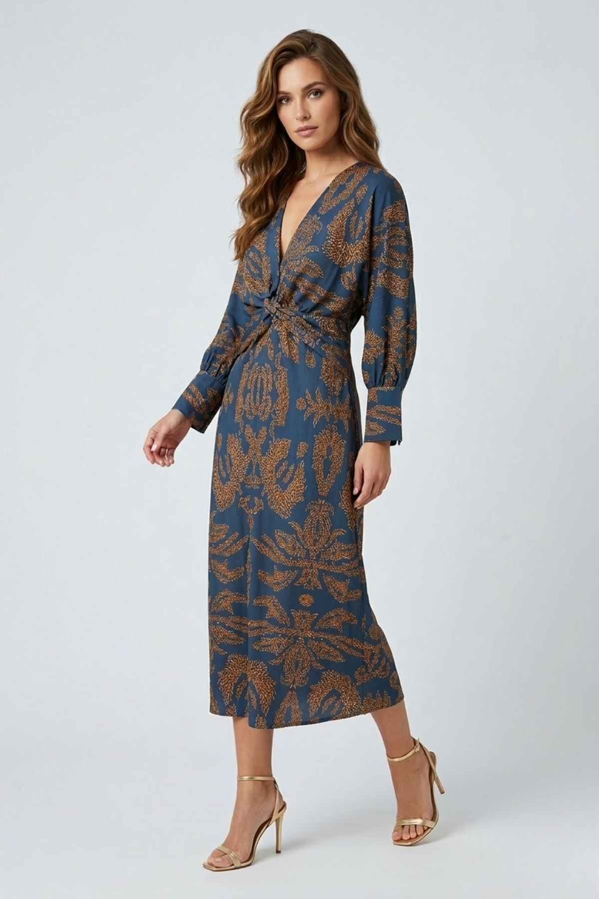 Midikleid Damen | Elegantes Langarm-Kleid mit Twist-Detail & Muster