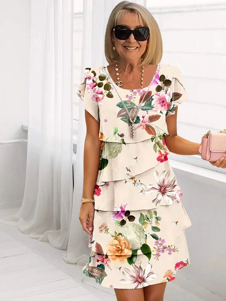 Midikleid Damen | Florales Stufenkleid mit Schmetterlingsärmeln