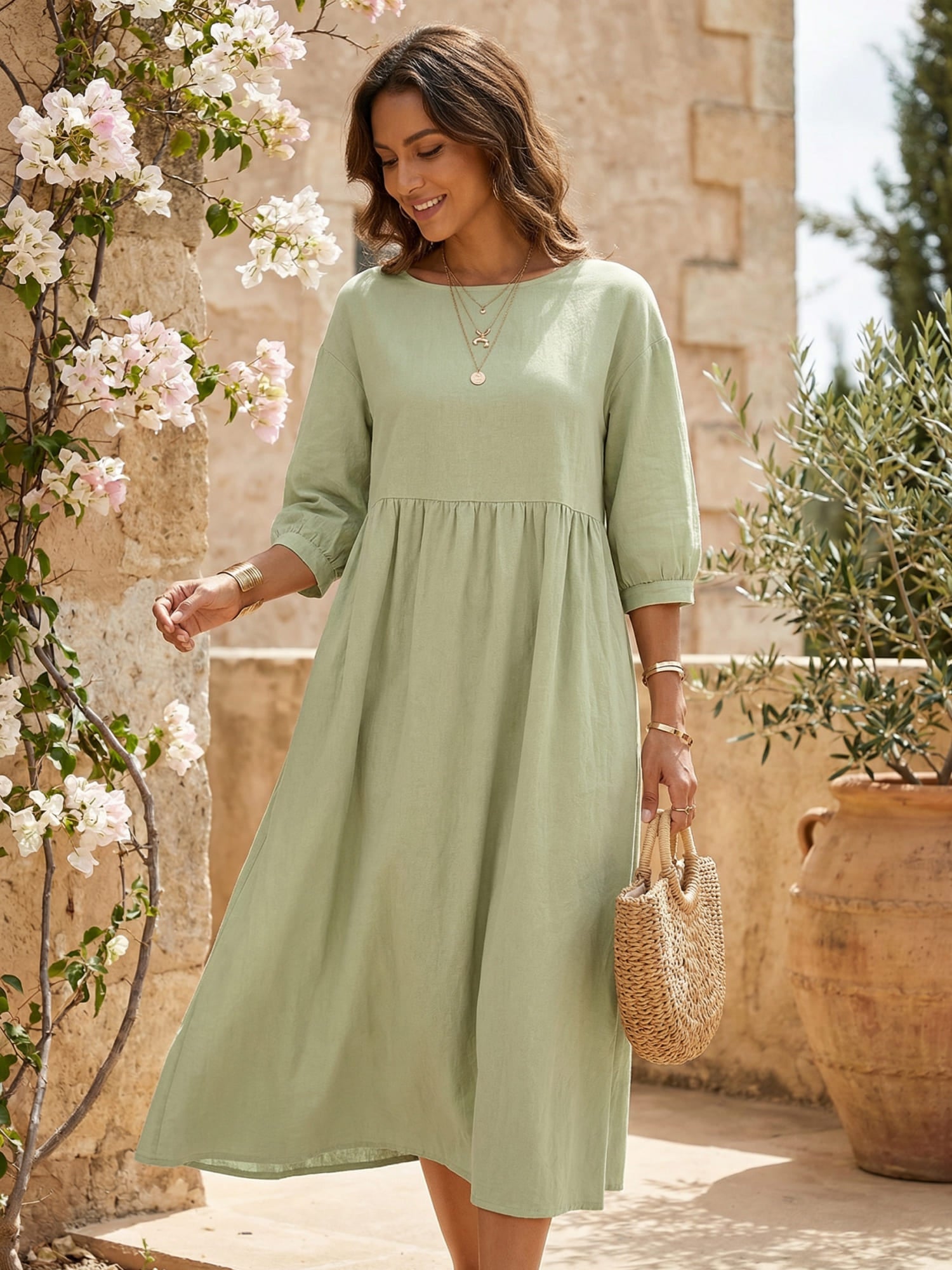 Midikleid mit Rundhalsausschnitt & Laternenärmeln – Selina 2