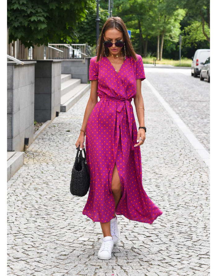 Midikleid Damen | Verspielter Polka-Dot-Print & Feminine Wickeloptik