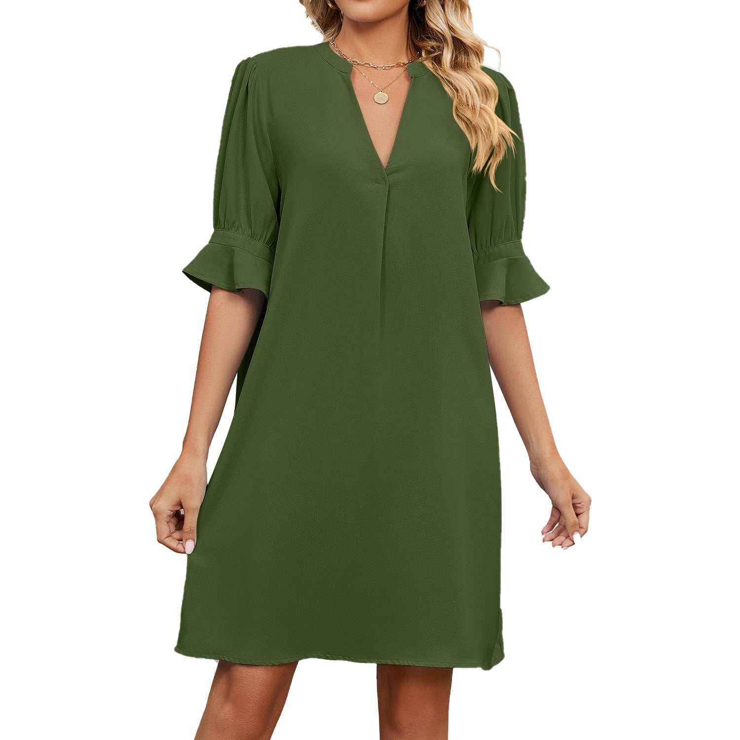 Mini Kleid Damen | V-Ausschnitt & Rüschenärmel mit Volantbündchen