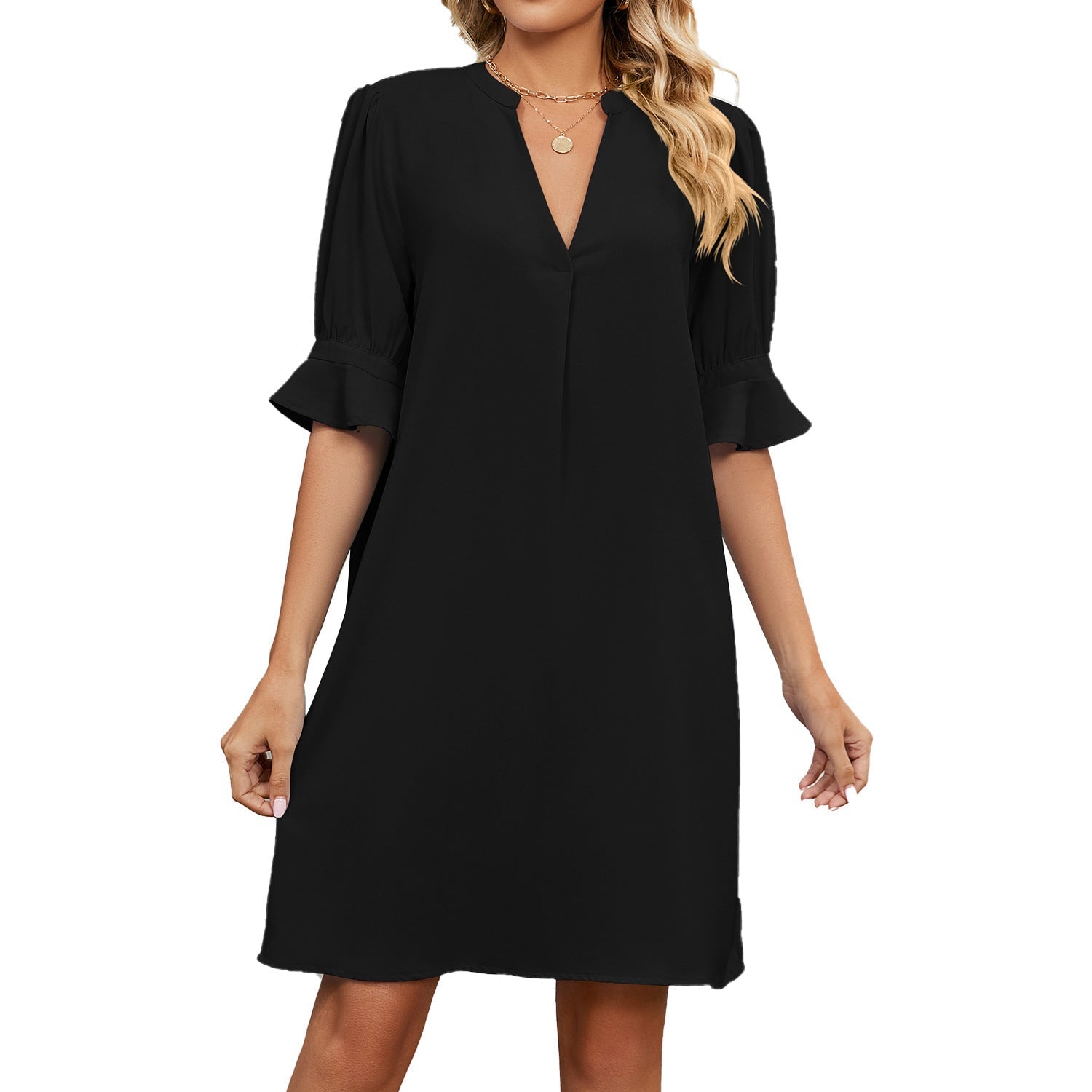 Mini Kleid Damen | V-Ausschnitt & Rüschenärmel mit Volantbündchen