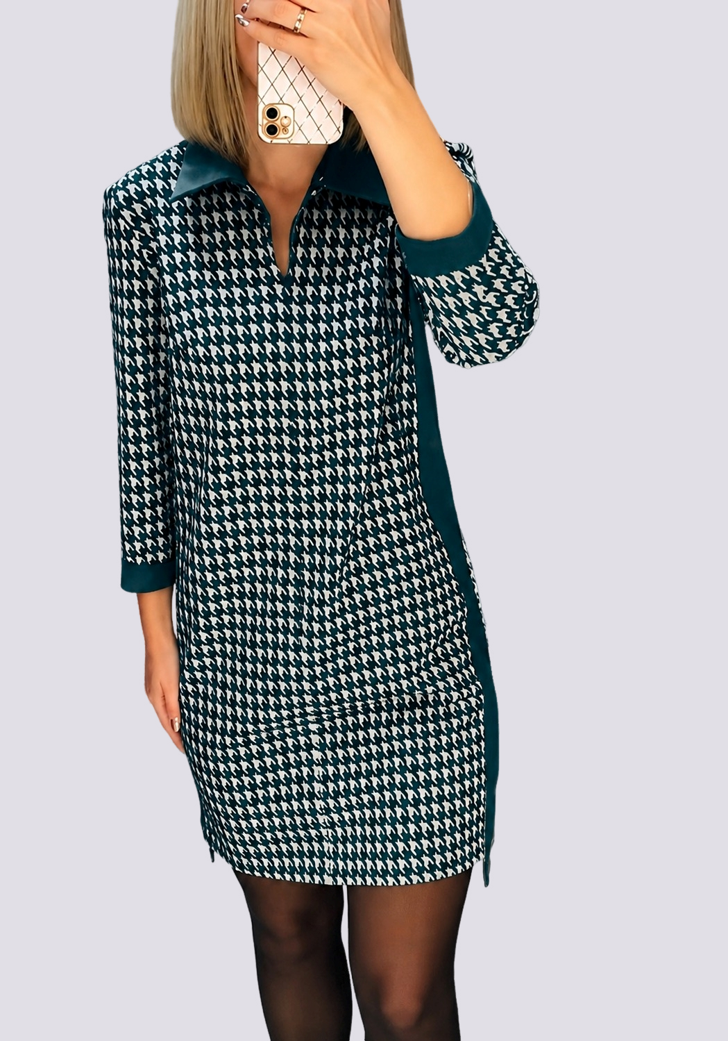 Mini Kleid Damen mit Hahnentrittmuster | Polokragen & Reißverschluss