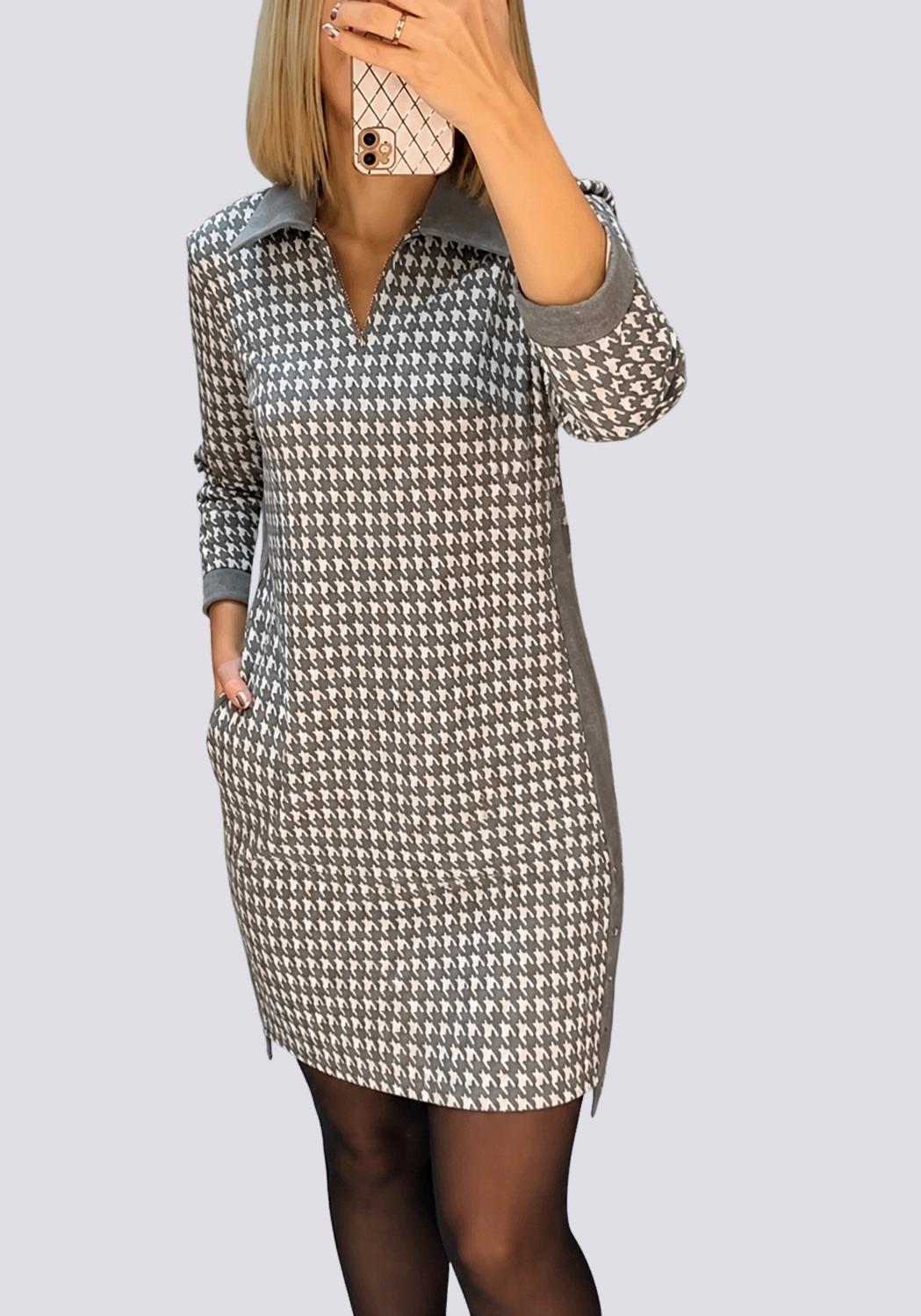 Mini Kleid Damen mit Hahnentrittmuster | Polokragen & Reißverschluss