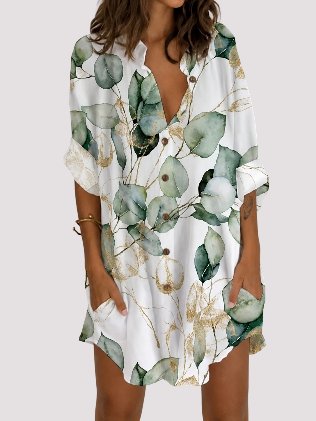 Mini Kleid Damen mit Wildblumen-Print | Knopfleiste & V-Ausschnitt