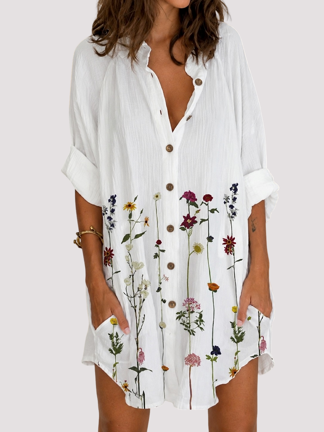 Mini Kleid Damen mit Wildblumen-Print | Knopfleiste & V-Ausschnitt