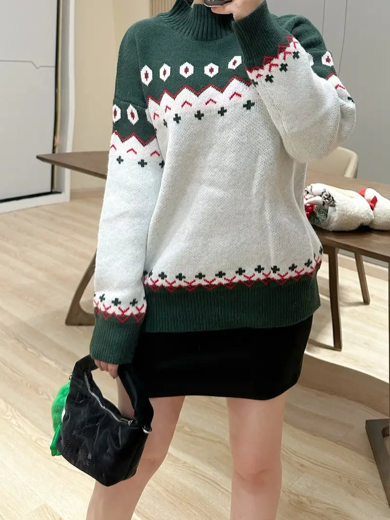 Nellie - Dunkelgrüner Geoprint-Pullover für Frauen