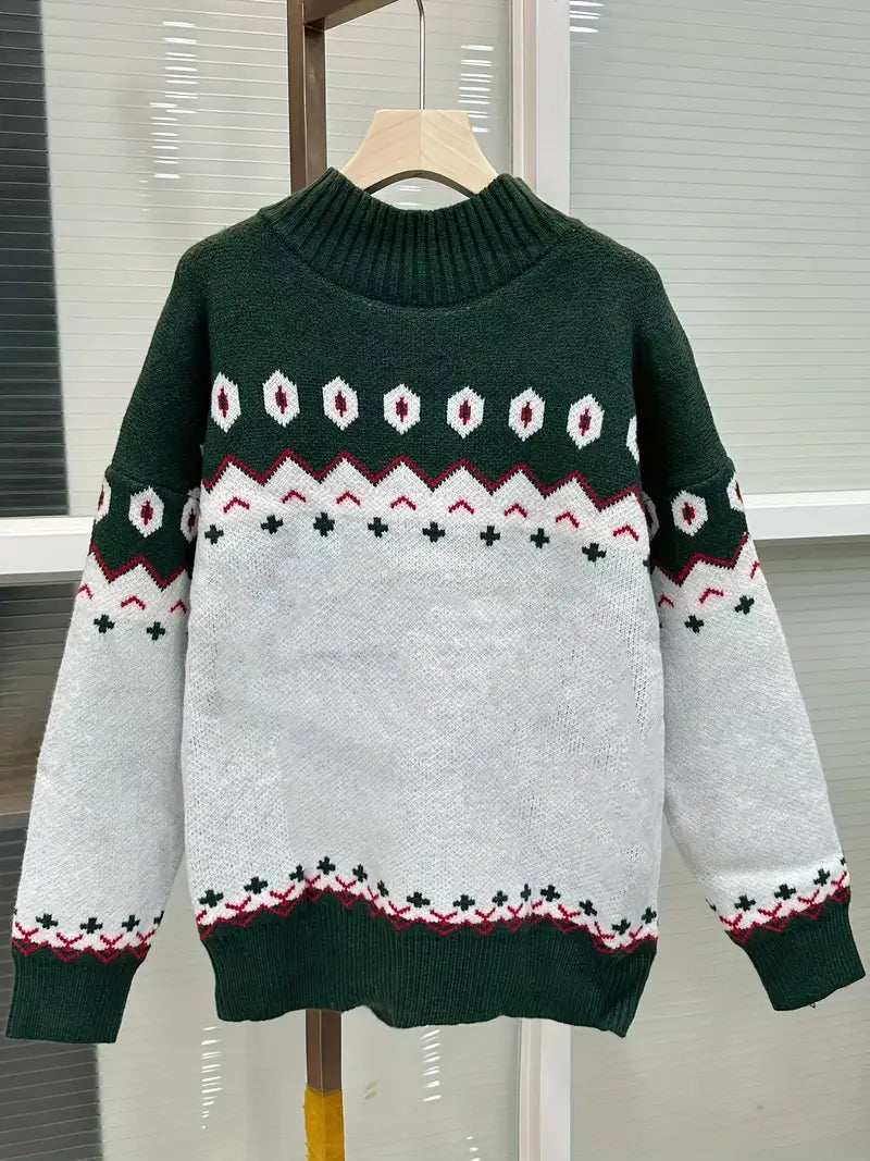 Nellie - Dunkelgrüner Geoprint-Pullover für Frauen