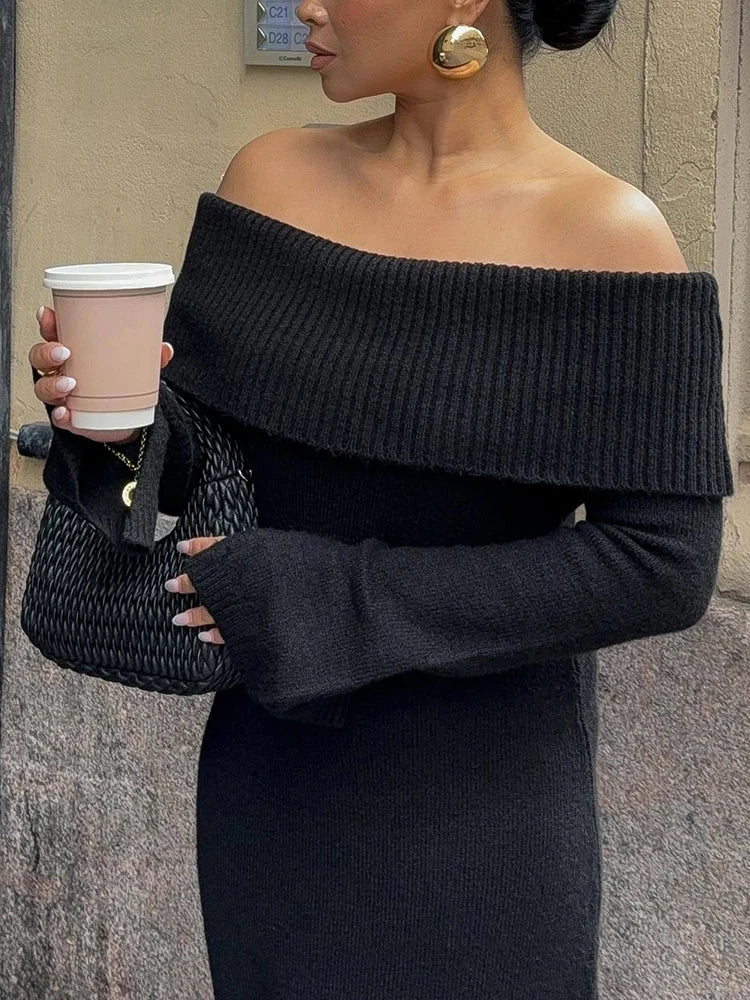 Off-Shoulder Baumwoll Strickkleid Damen