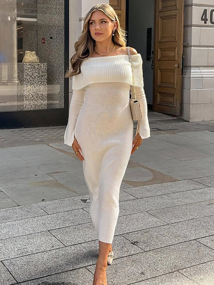 Off-Shoulder Baumwoll Strickkleid Damen