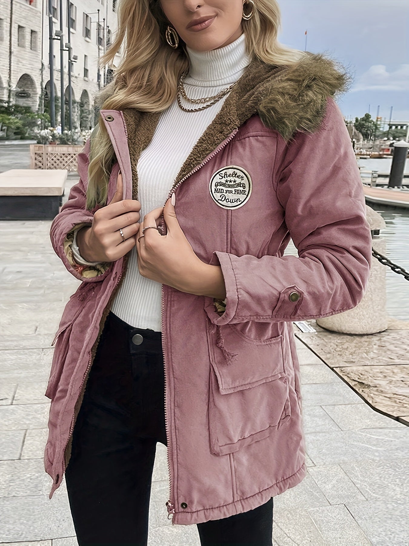 Olive - Elegante Fleece Parka Winterjacke
