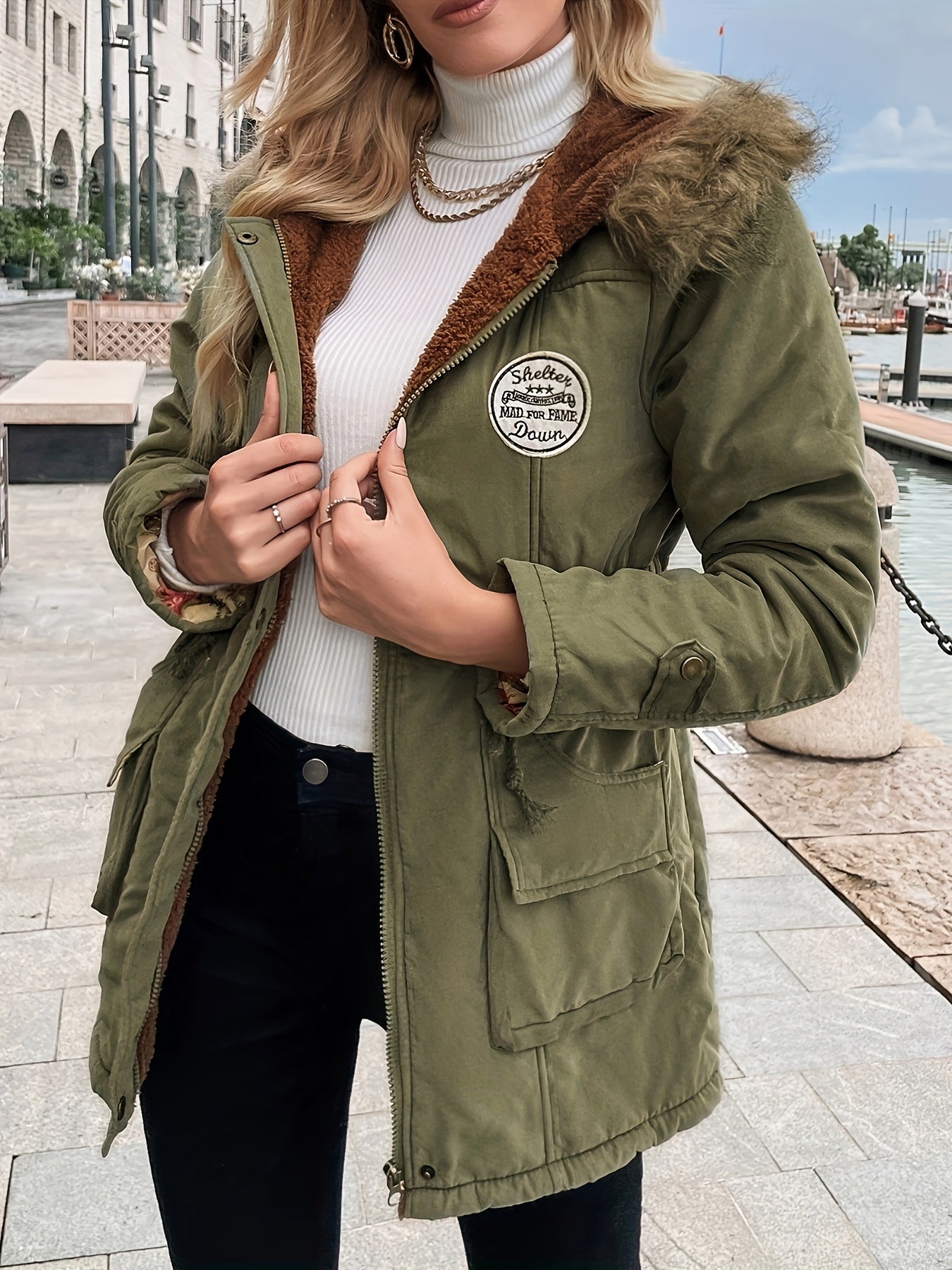Olive - Elegante Fleece Parka Winterjacke