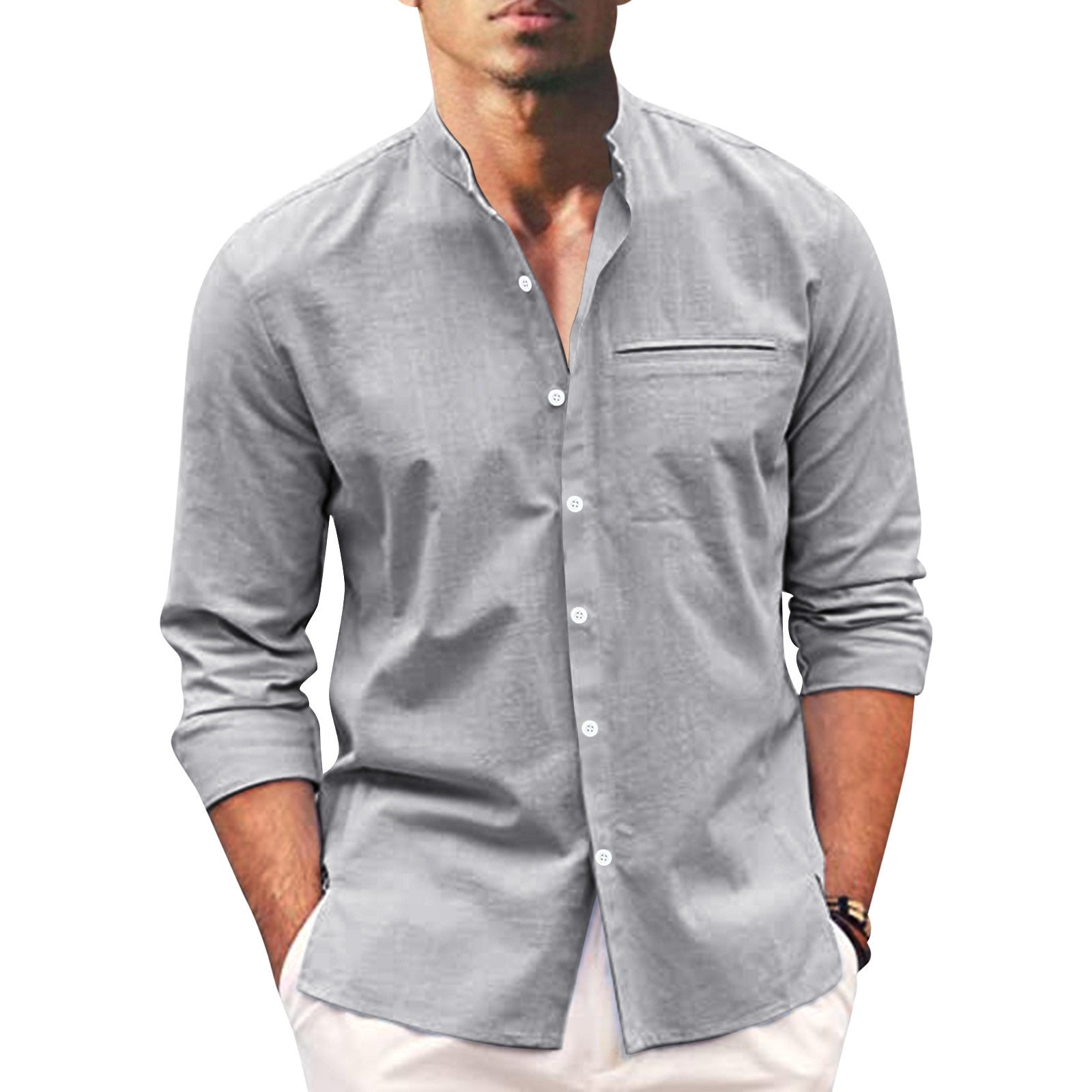 Polohemd Herren | Lässiger Stehkragen & Slim-Fit Langarm im Leinen-Look