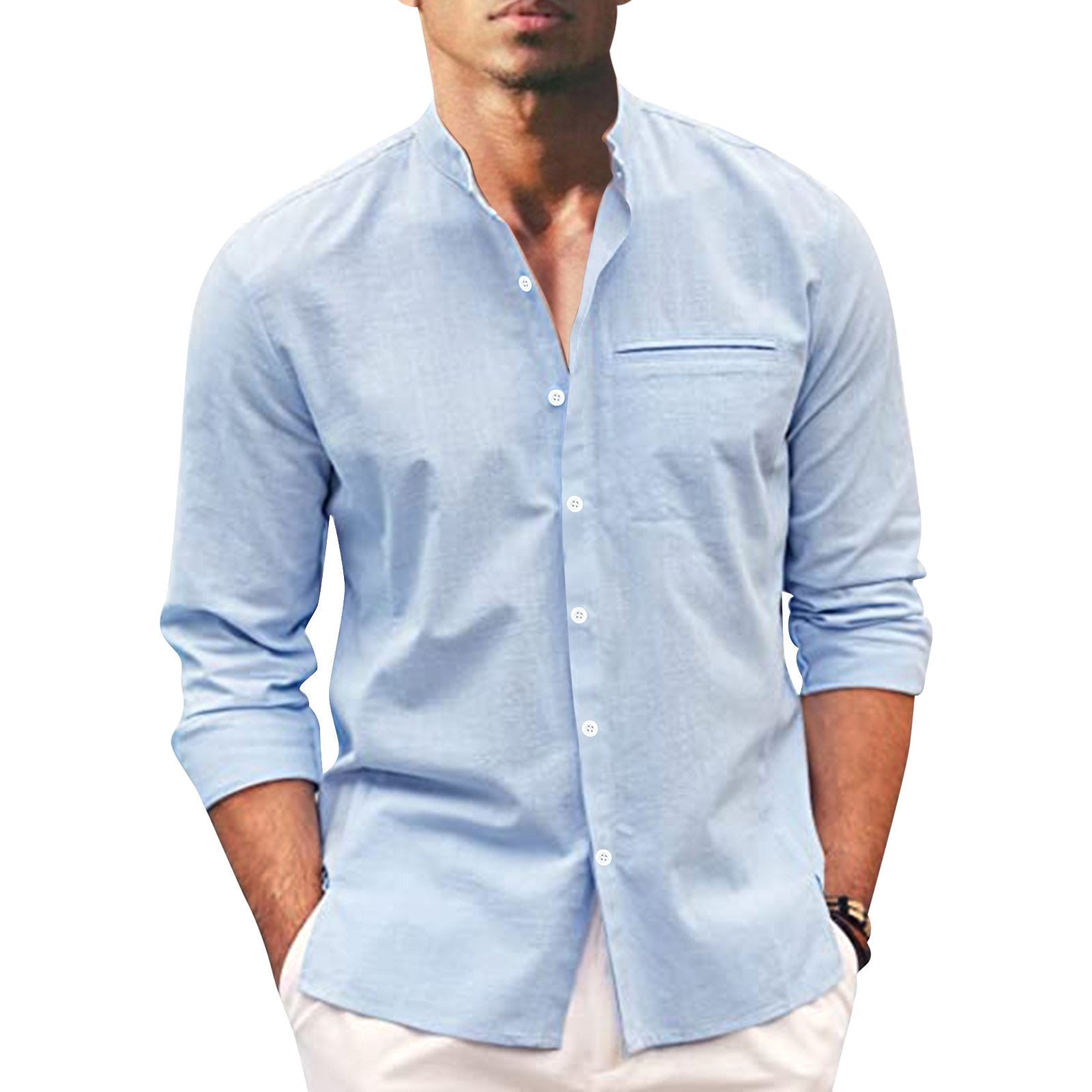 Polohemd Herren | Lässiger Stehkragen & Slim-Fit Langarm im Leinen-Look