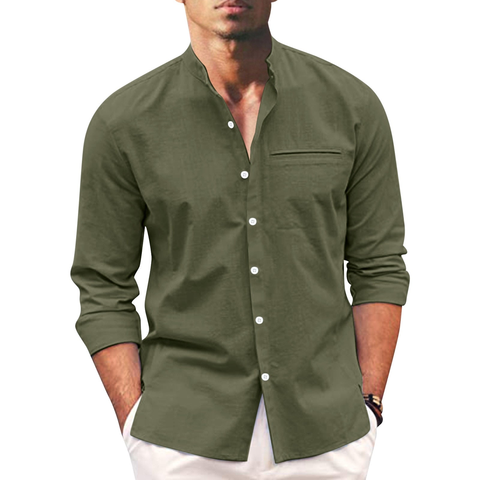 Polohemd Herren | Lässiger Stehkragen & Slim-Fit Langarm im Leinen-Look