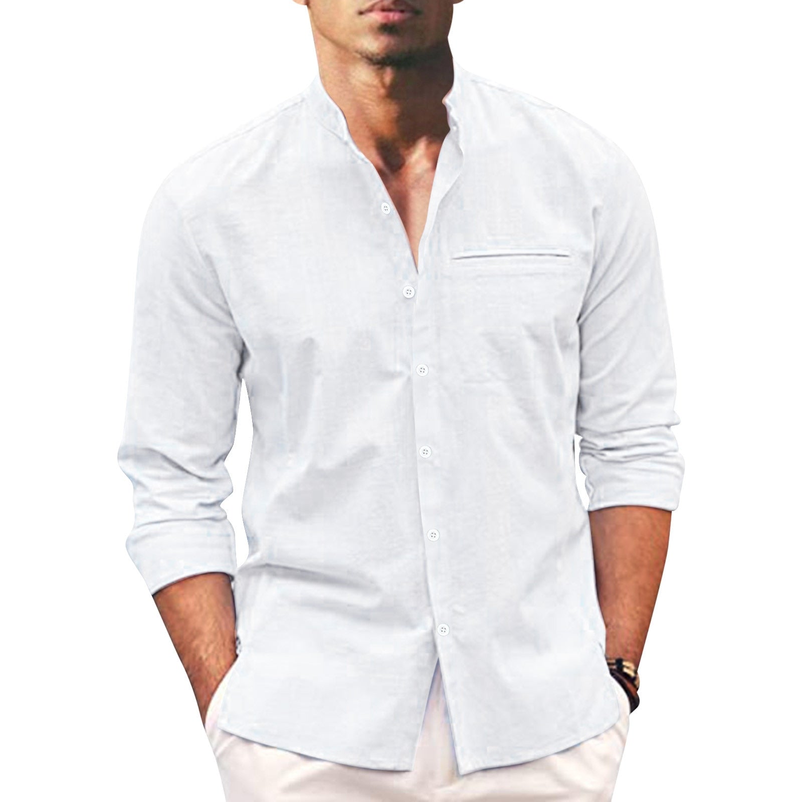 Polohemd Herren | Lässiger Stehkragen & Slim-Fit Langarm im Leinen-Look