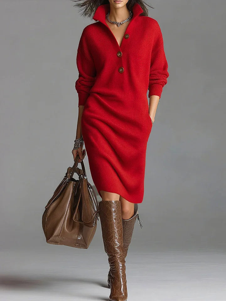 Damen Pulloverkleid mit Knopfkragen - Bequeme Midi-Mode von J&B - 4 - Annoboutique