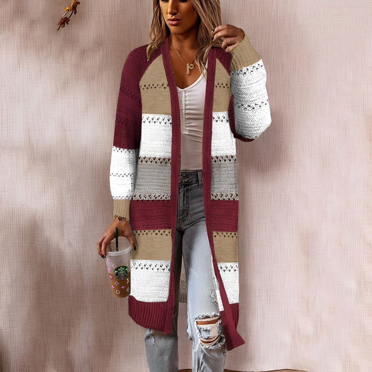 Raschelle - Lange Strickjacke mit Farbblockmuster