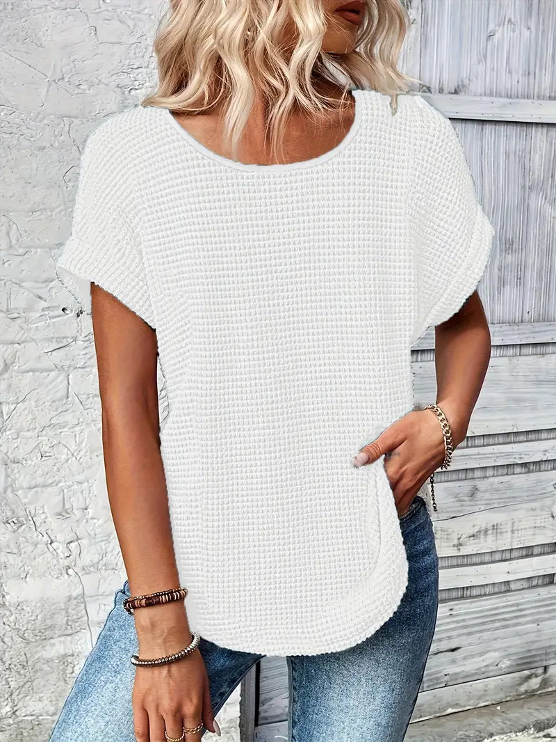 Rundhals T Shirt Damen | Waffelstrick-Oberteil mit Lässigem Schnitt