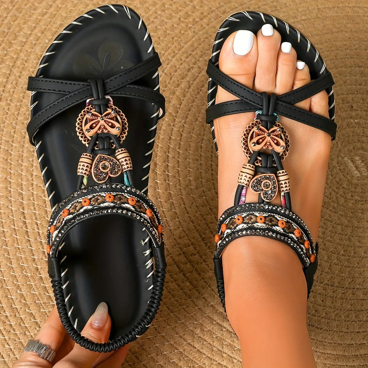 Sandalen Damen | Boho-Stil mit Perlen & Flacher Sohle