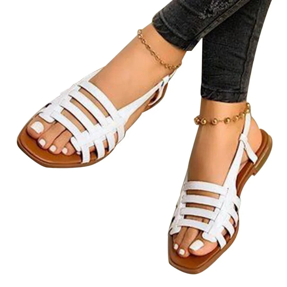Sandalen Damen Flach | Römer-Riemchen & Metallic-Look