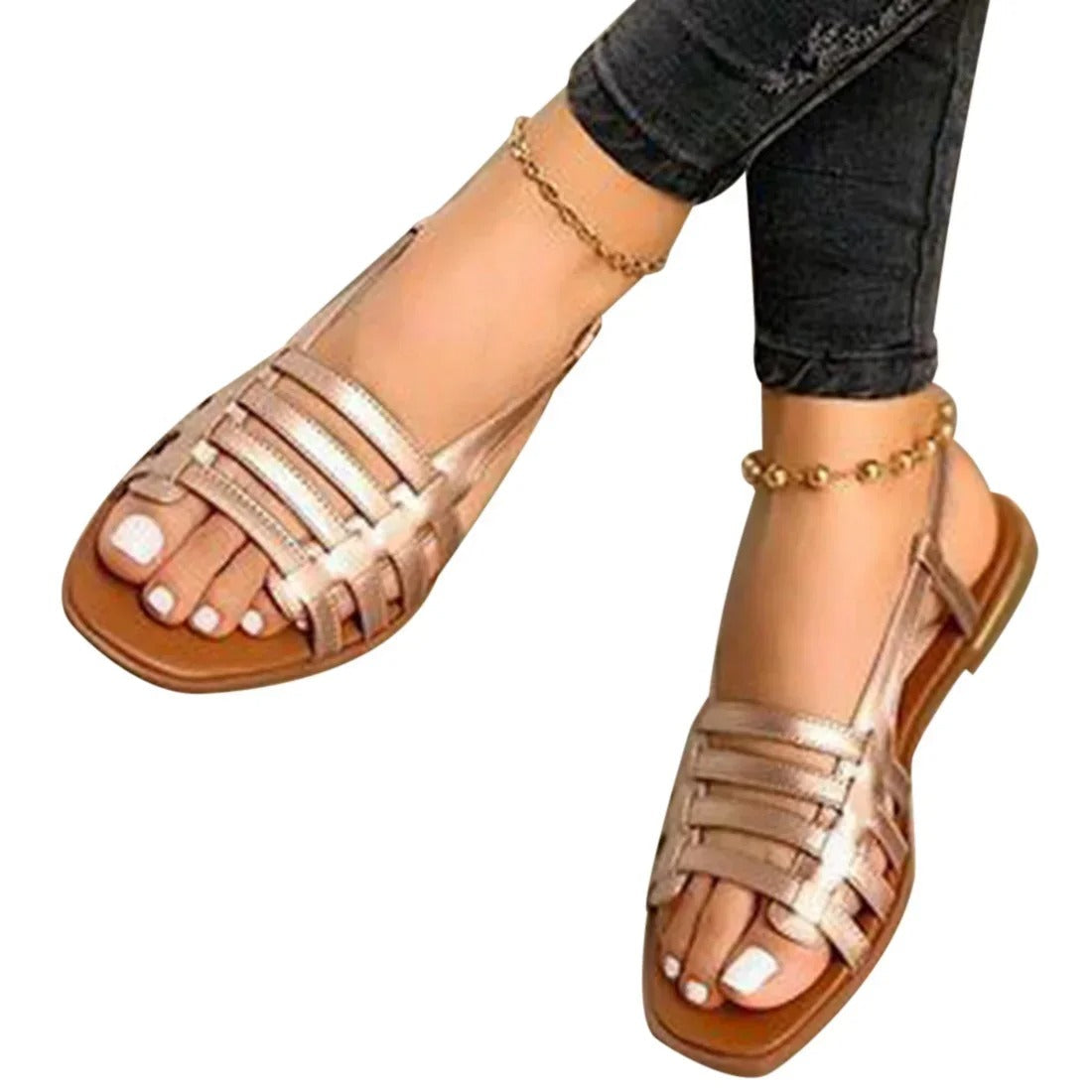 Sandalen Damen Flach | Römer-Riemchen & Metallic-Look