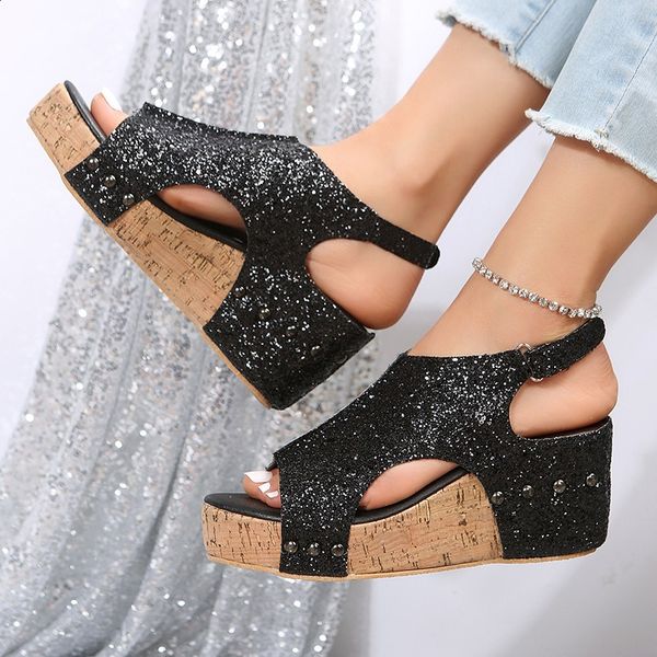 Sandalen Damen | Glamouröser Keilabsatz & Glitzer-Design