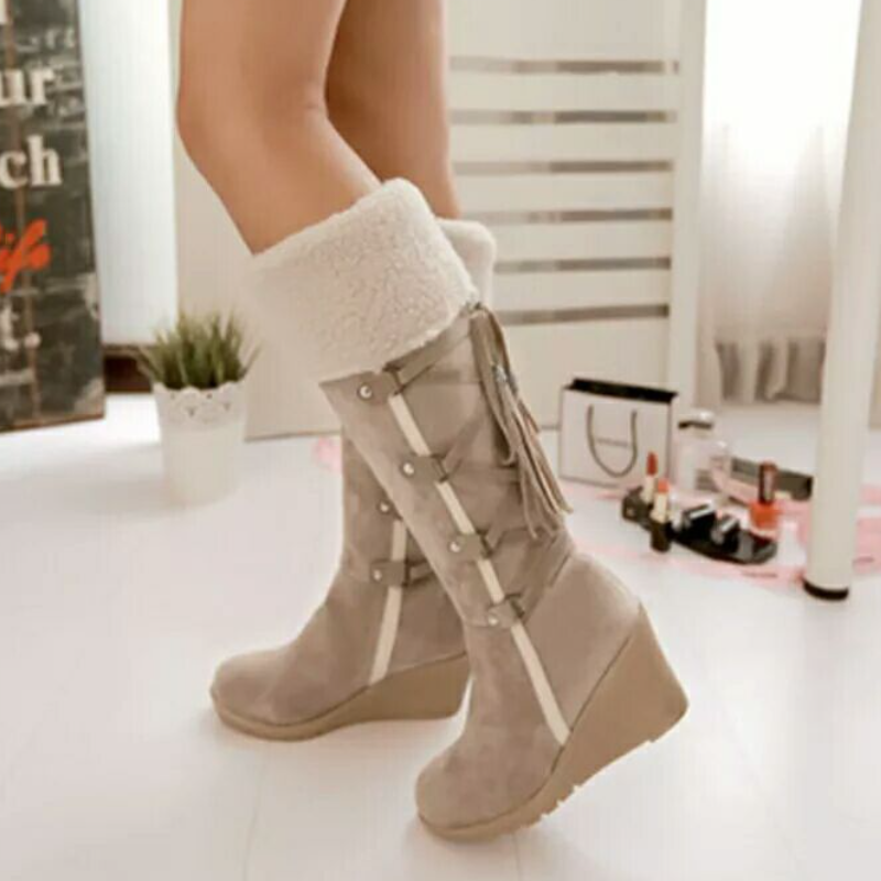 Schnürstiefel Damen | Mit Fellumschlag & Keilabsatz