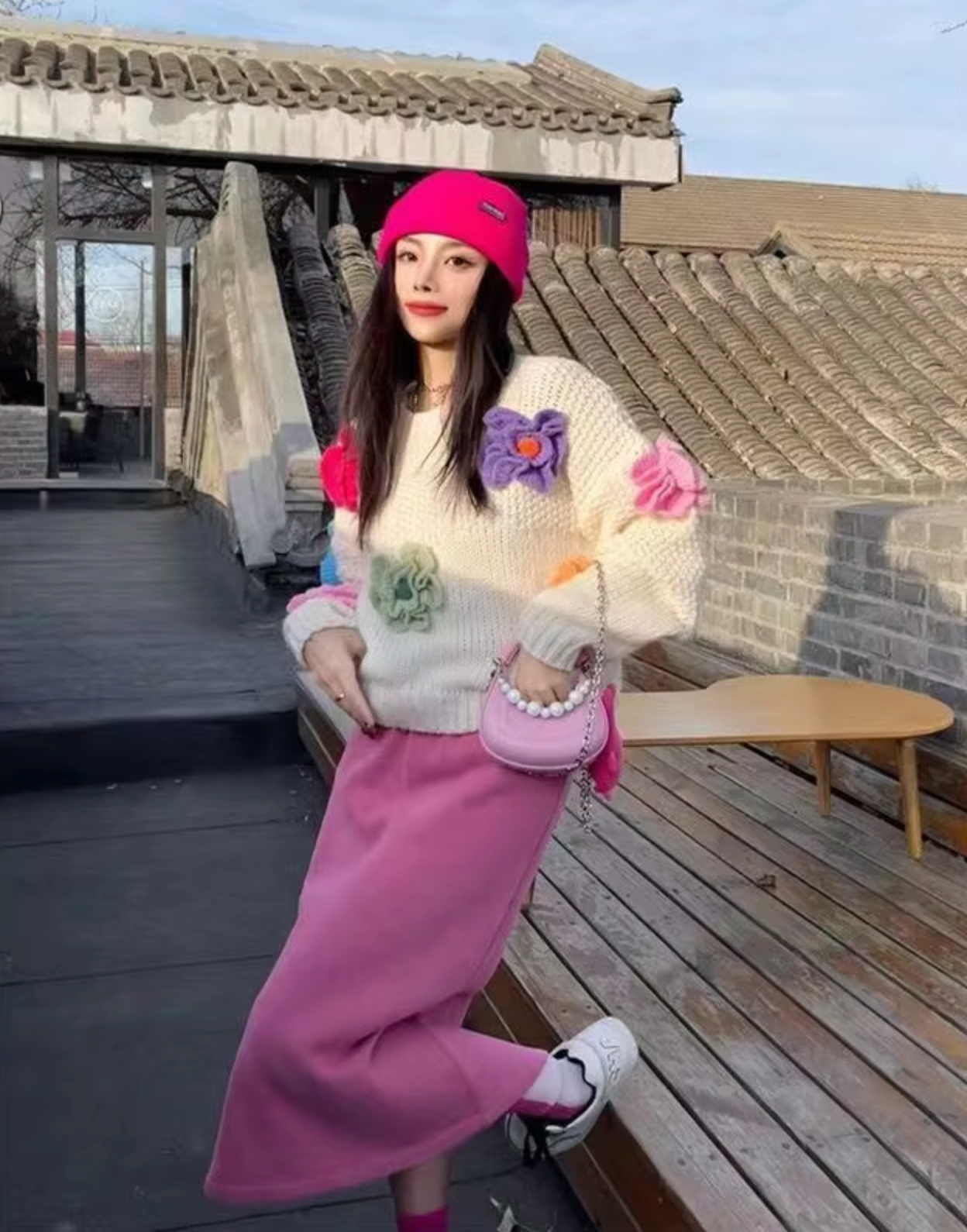 Serenity - Vintage Strickpullover mit 3D Blumen