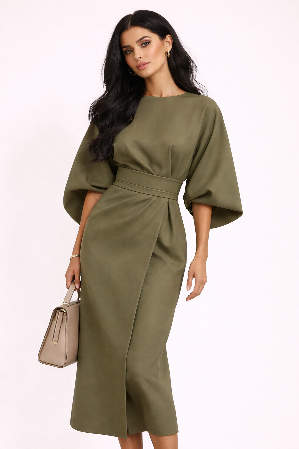 Soléïna - Elegantes Midi-Kleid mit Kimonoärmeln, Tailliert für eine weibliche Silhouette 0