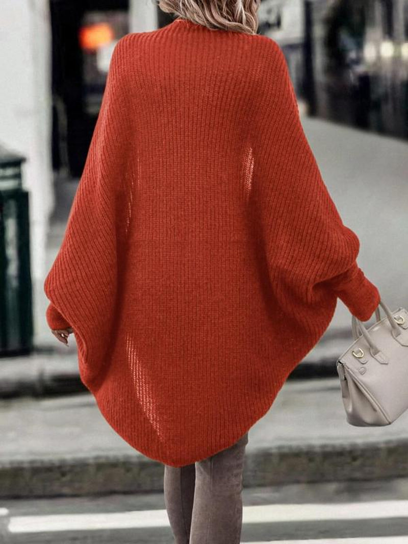 Solide Batwing-Ärmel Midi-Strickjacke mit offener Vorderseite