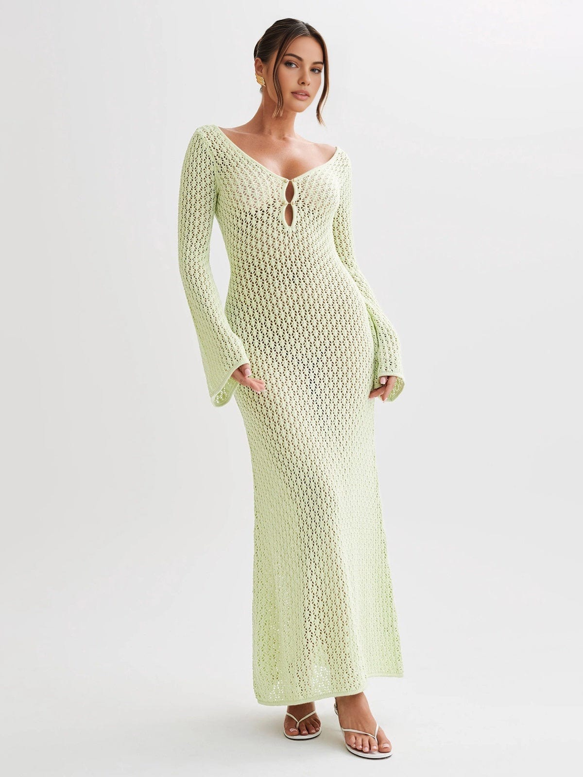Sommer Kleid Damen | Häkel-Maxi & Glockenärmel mit V-Ausschnitt