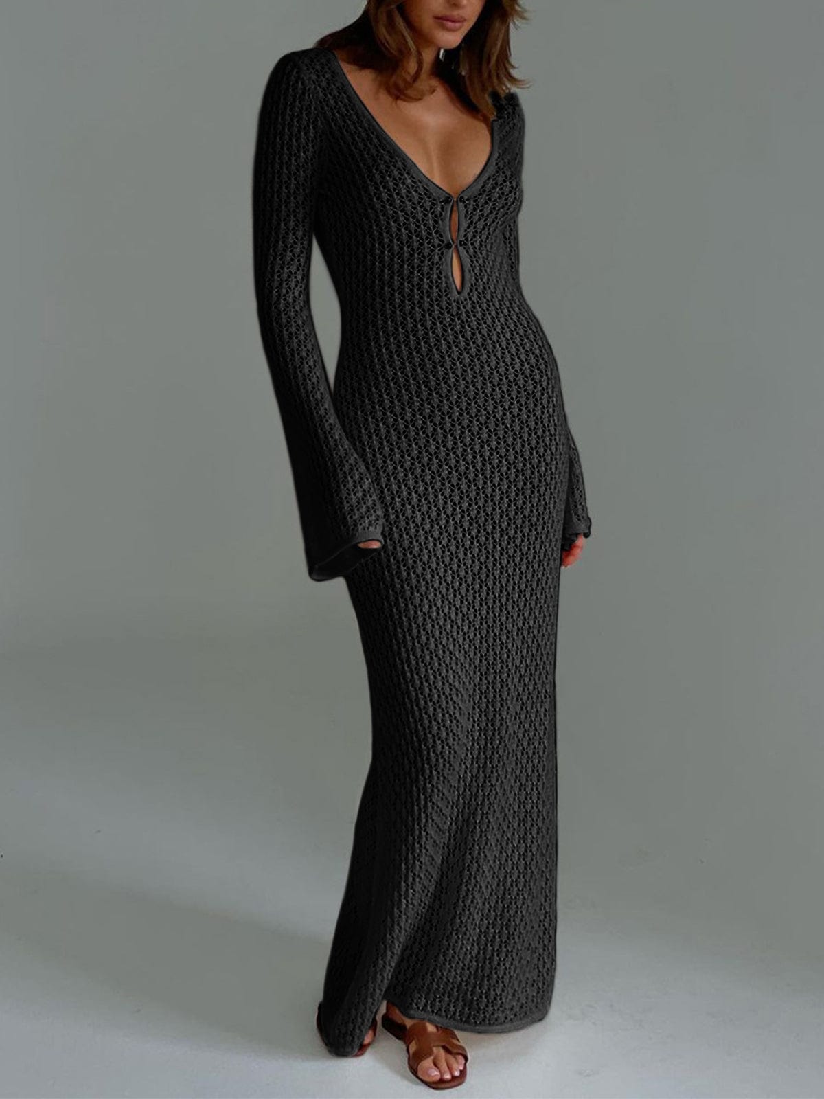 Sommer Kleid Damen | Häkel-Maxi & Glockenärmel mit V-Ausschnitt