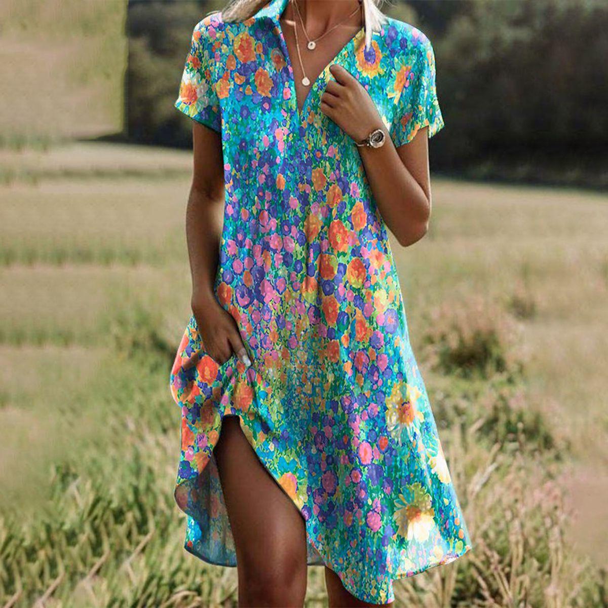 Sommer Midi Kleid Damen | Blumenmuster, V-Ausschnitt & lockere Passform