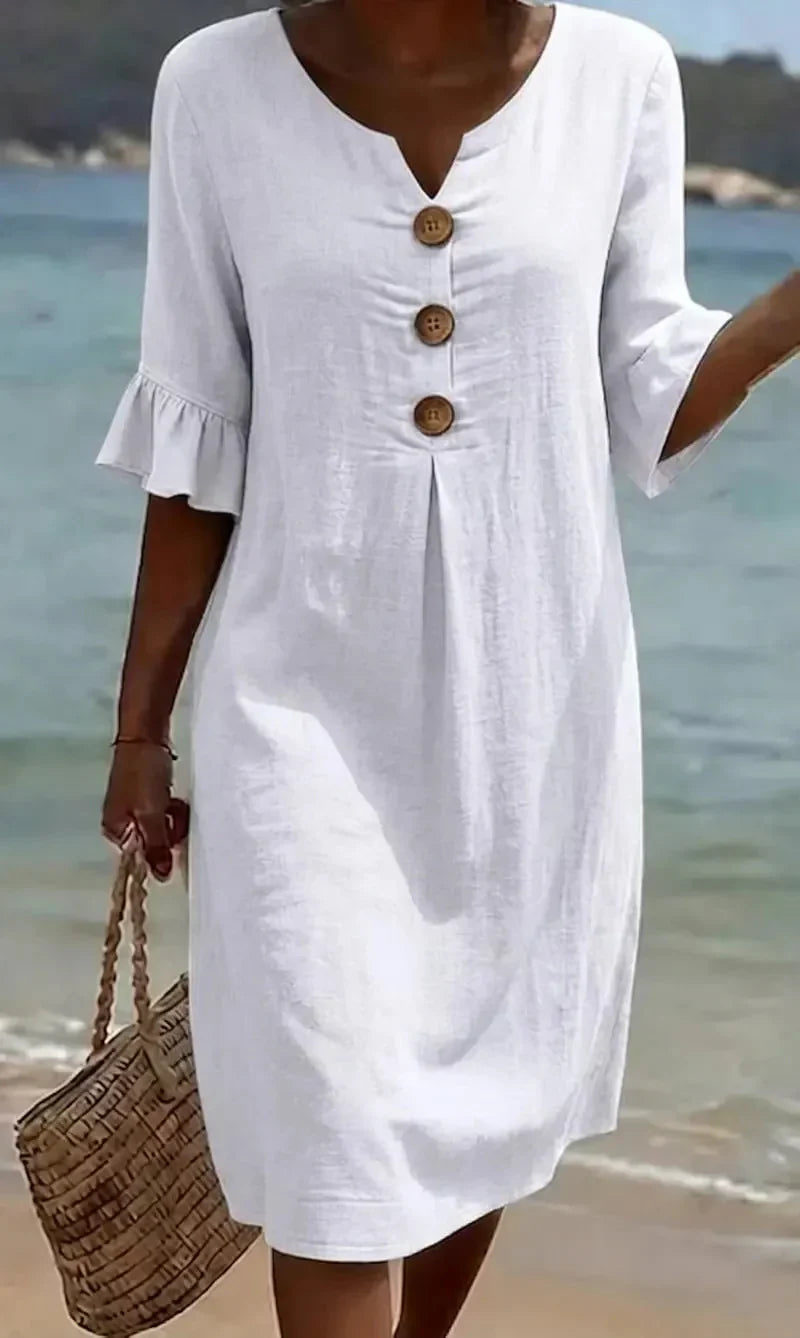 linen dress midi white button Summer for women inseam:9