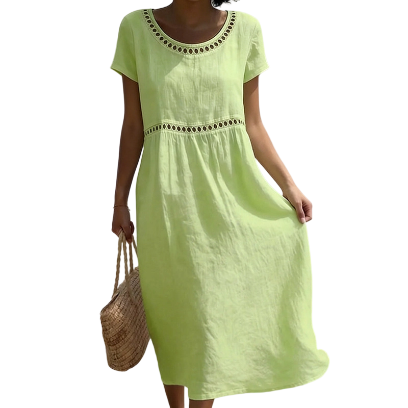 Sommer Midi Kleid Damen | Leinenlook mit Spitzenbesatz & A-Linie