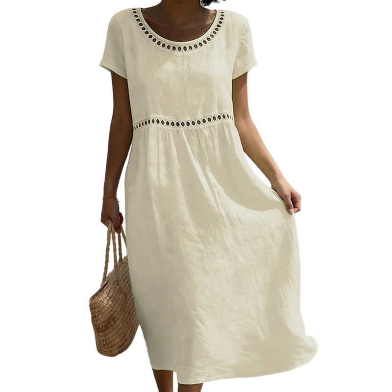 Sommer Midi Kleid Damen | Leinenlook mit Spitzenbesatz & A-Linie