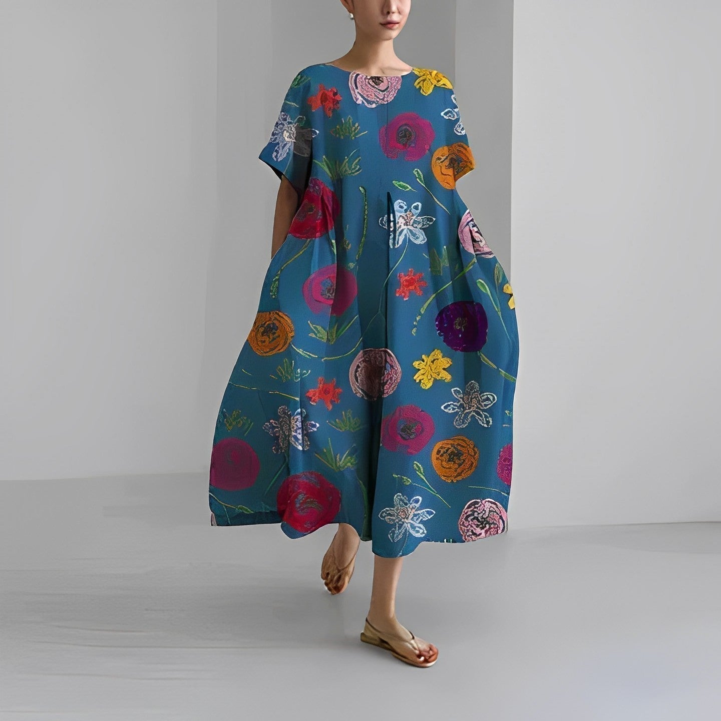 Sommerkleid Damen | Oversized Maxi mit Retro-Blumenprint