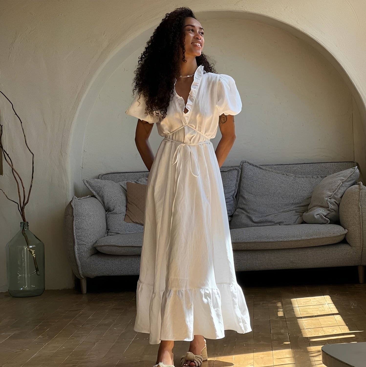 Sommerkleid Damen | Romantisches Maxi mit Rüschenkragen & Puffärmeln