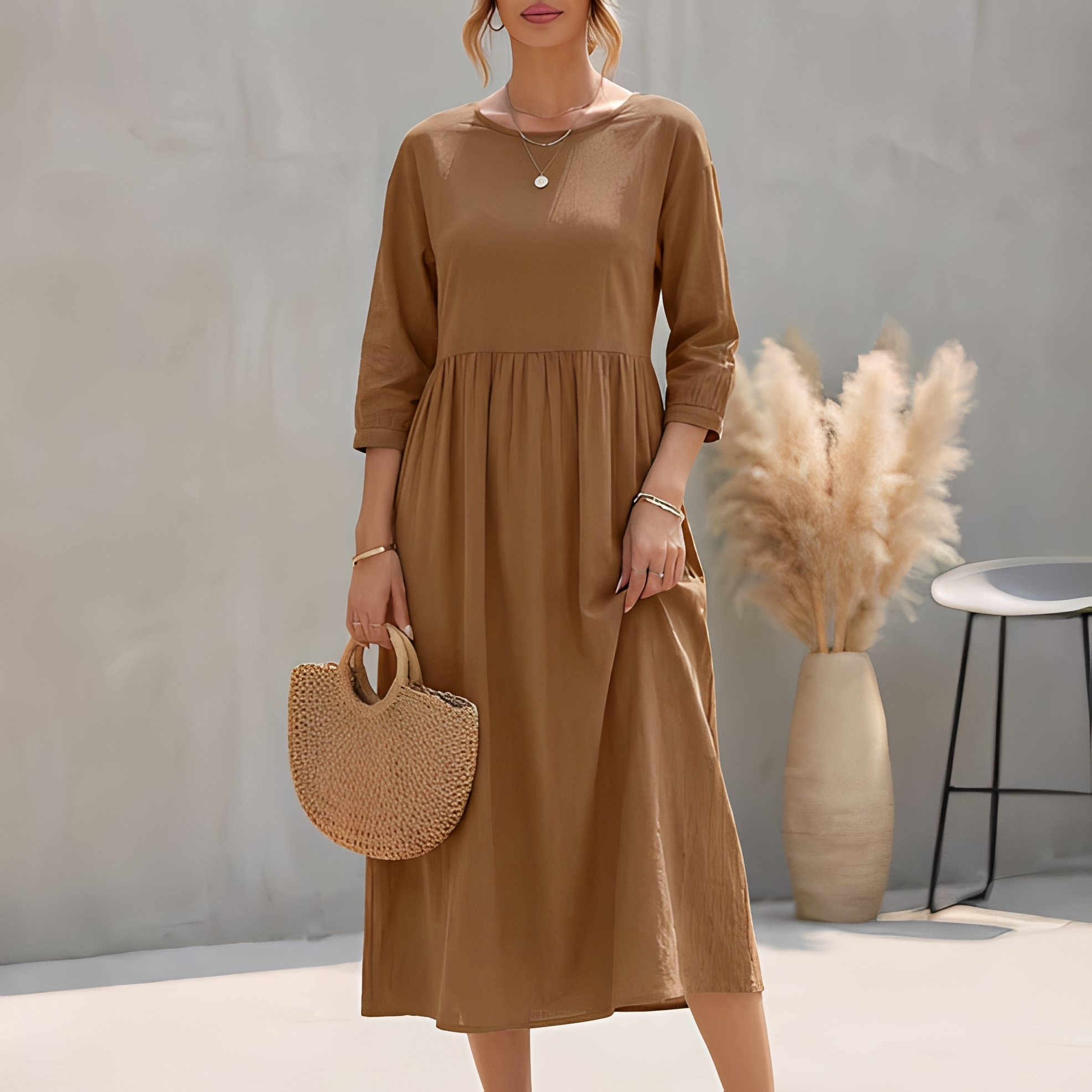 Sommerkleid Midi Damen | Empire-Taille, 3/4-Arm & Seitentaschen