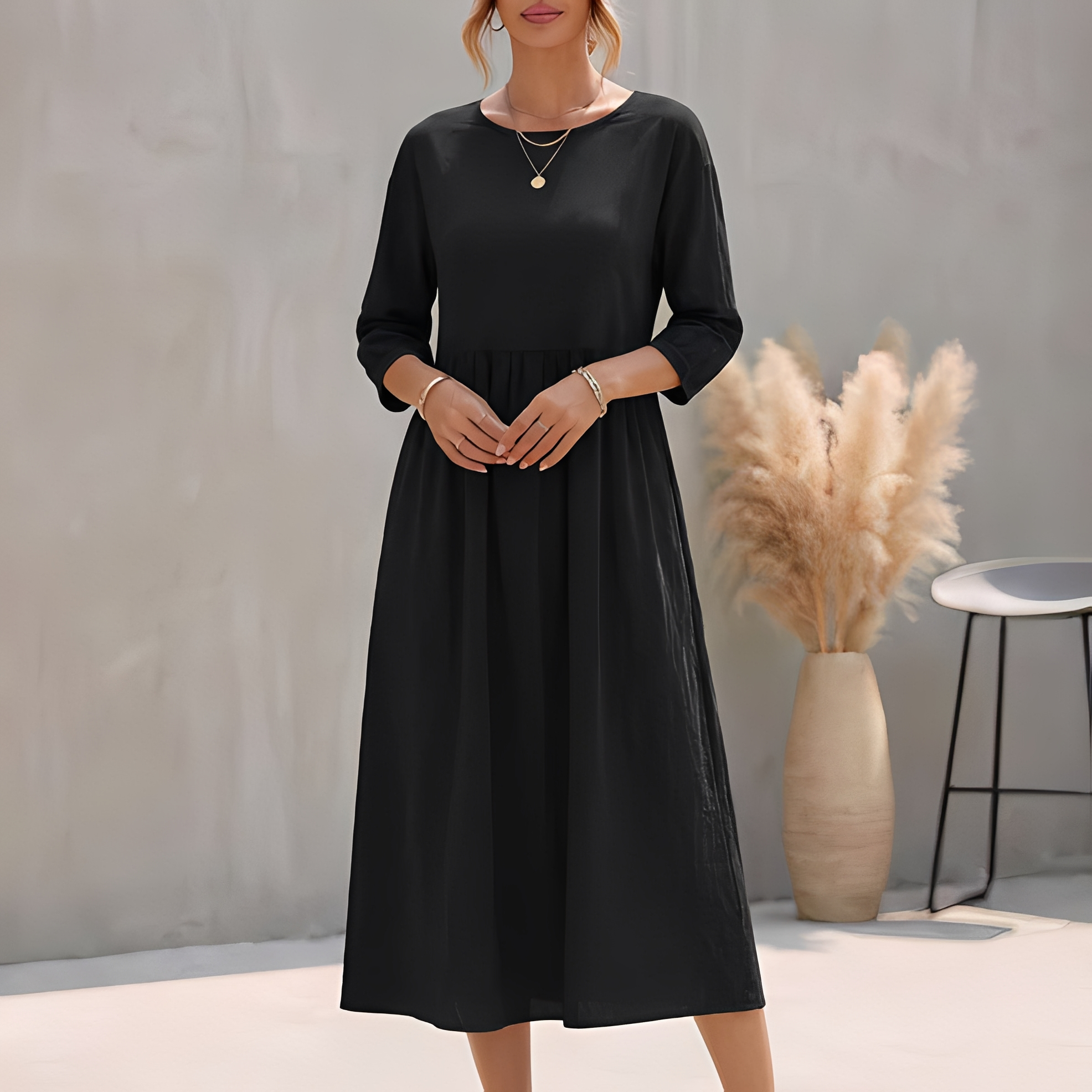 Sommerkleid Midi Damen | Empire-Taille, 3/4-Arm & Seitentaschen
