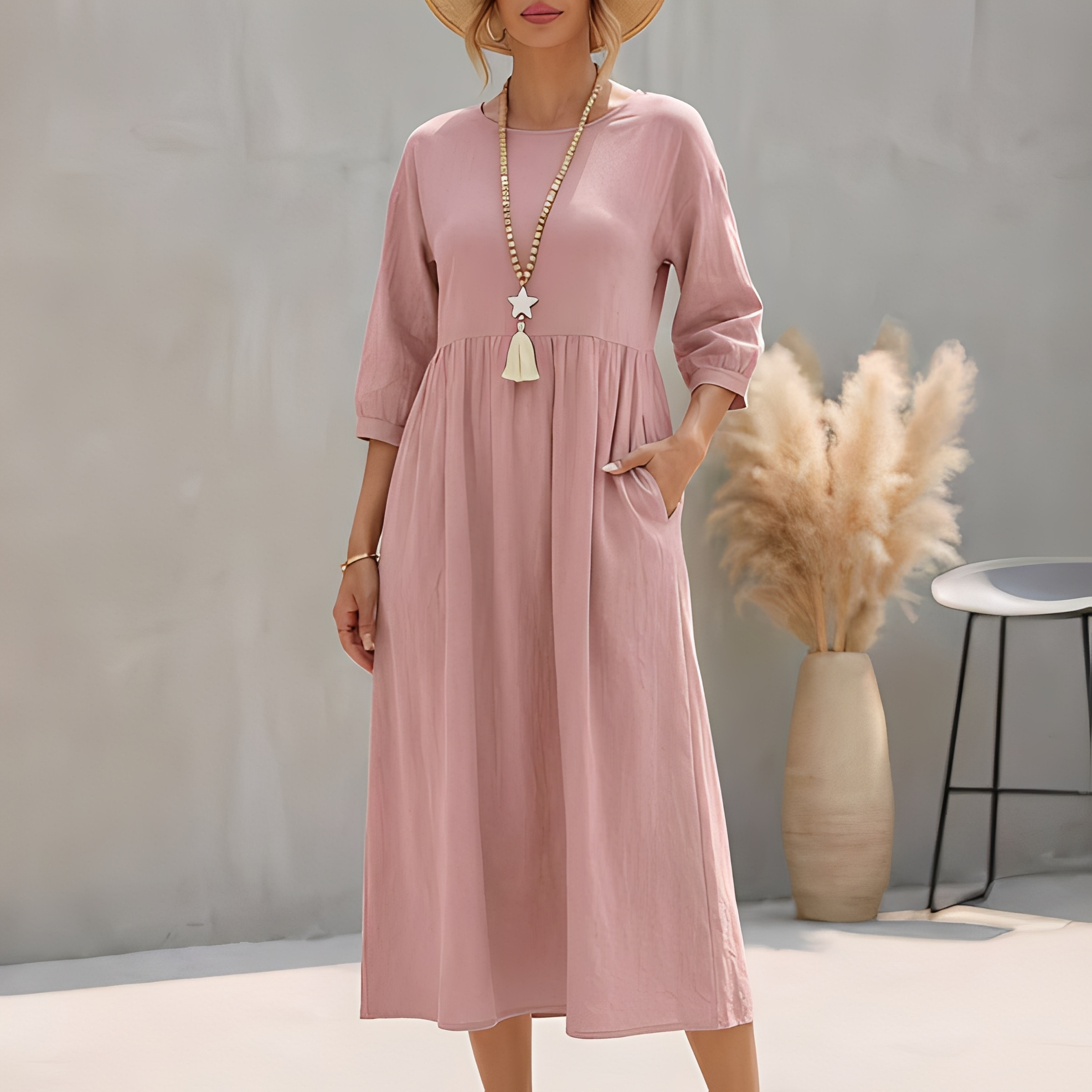 Sommerkleid Midi Damen | Empire-Taille, 3/4-Arm & Seitentaschen
